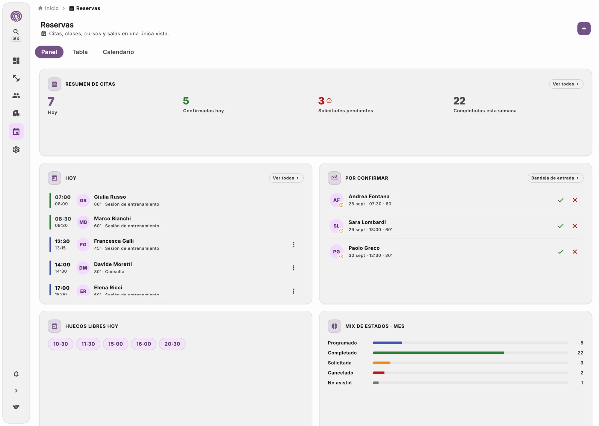 Agenda semanal con las sesiones reservadas y los bonos de los clientes