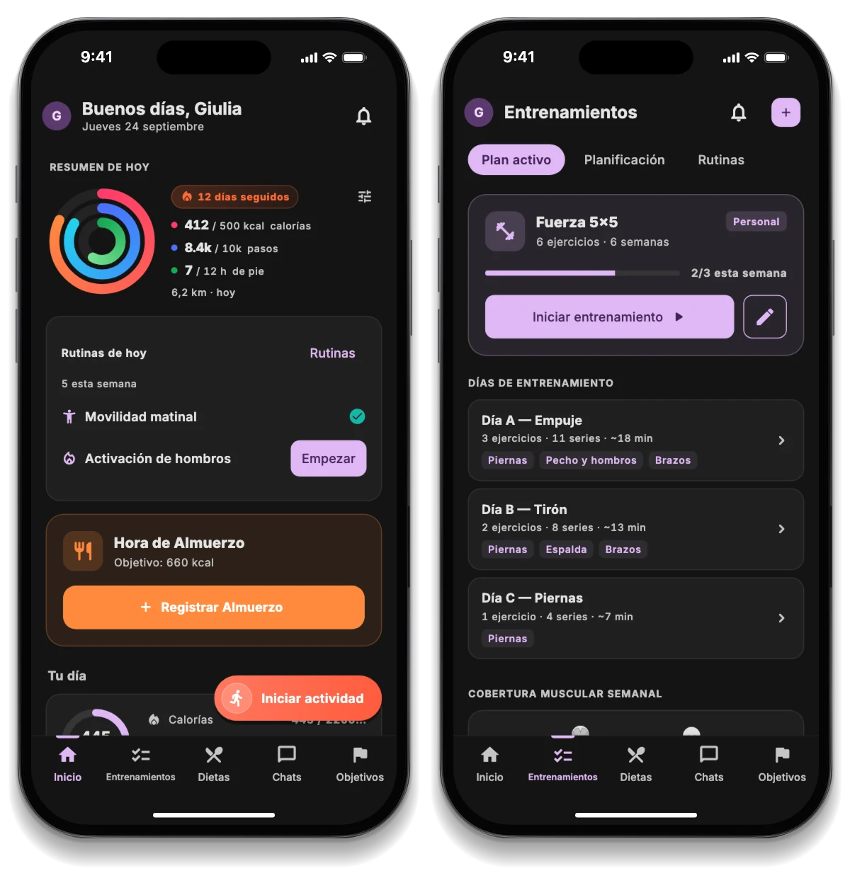 La app de JimTime en tres móviles: el día del atleta, el plan de entrenamiento y el reto con amigos