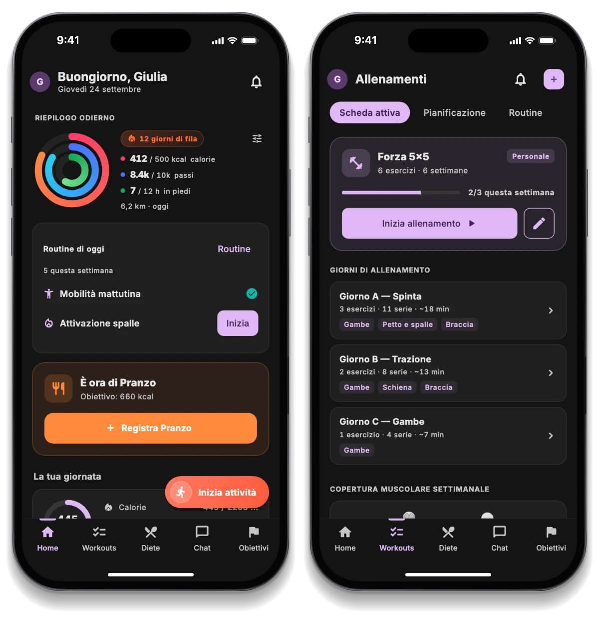 L’app JimTime su tre telefoni: la giornata dell’atleta, la scheda di allenamento e la sfida con gli amici
