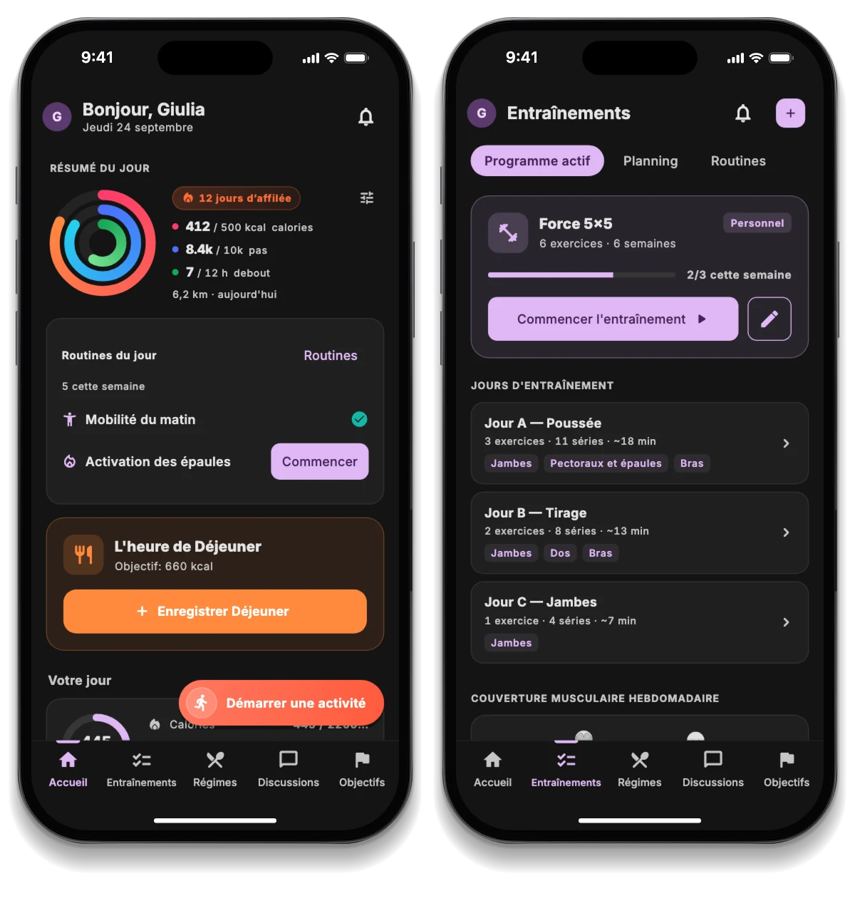 L’app JimTime sur trois téléphones : la journée de l’athlète, le programme d’entraînement et le défi entre amis