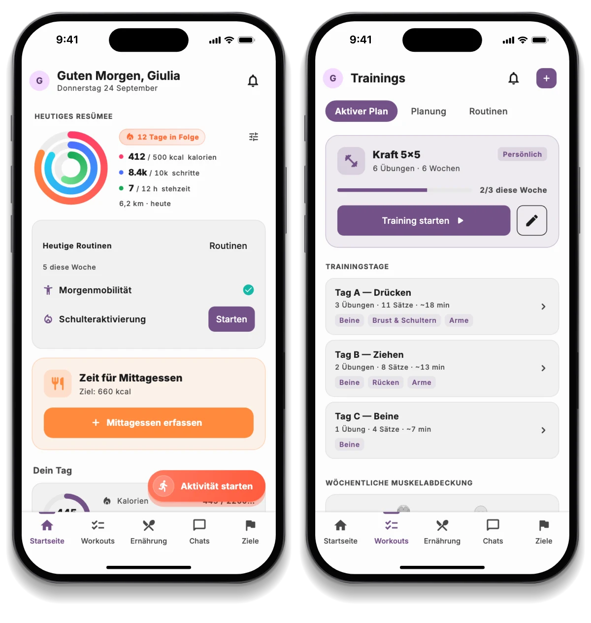 Die JimTime-App auf drei Smartphones: der Tag des Athleten, der Trainingsplan und die Challenge mit Freunden