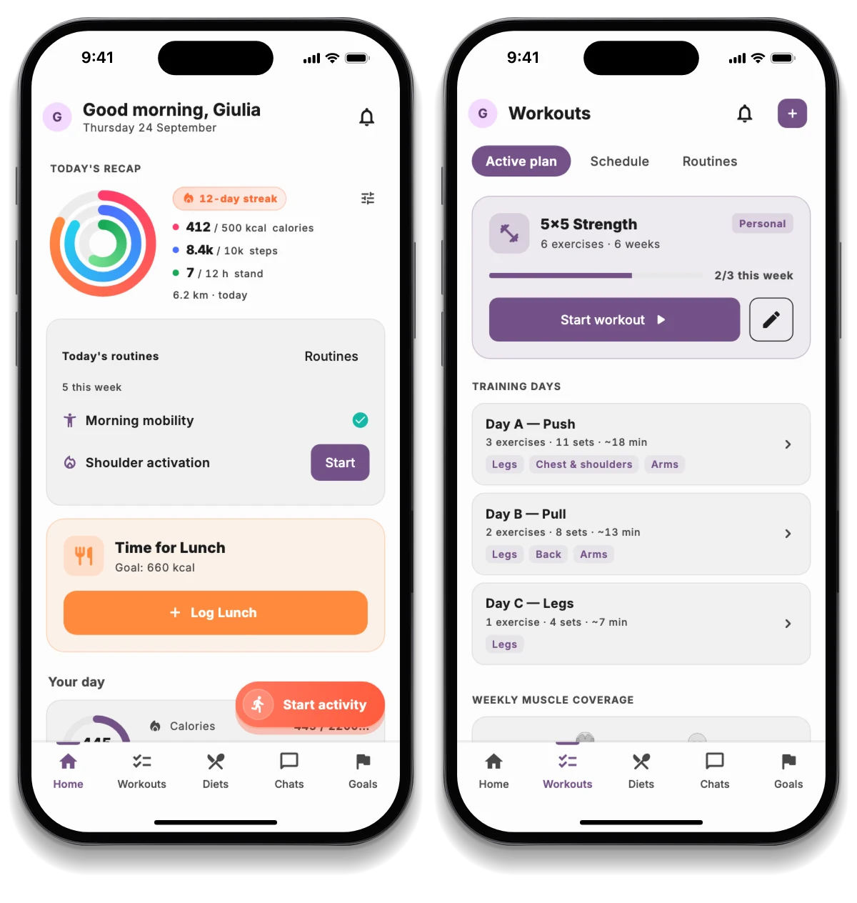 The JimTime app on three phones: the athlete’s day, the training plan and a challenge with friends