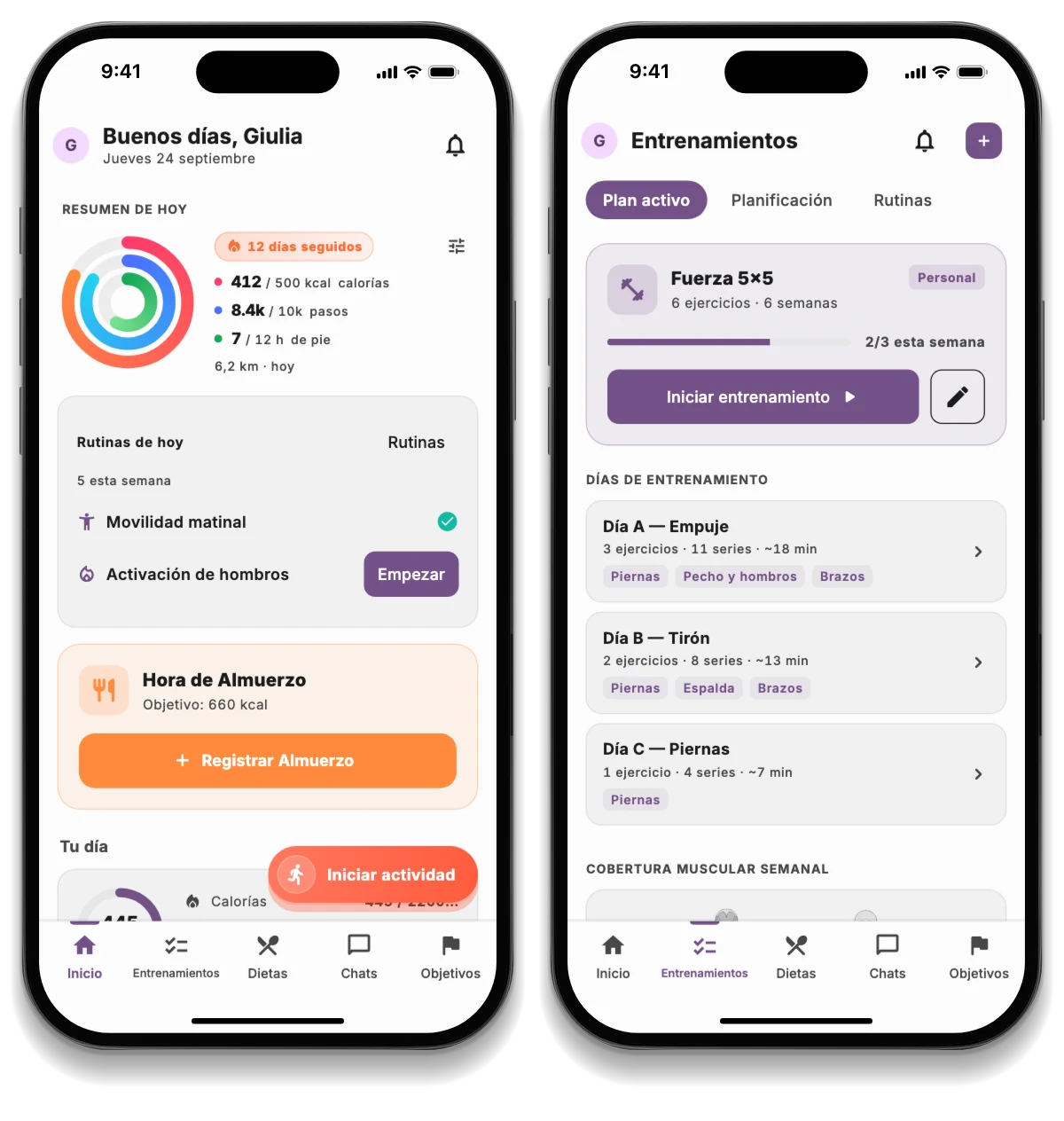 La app de JimTime en tres móviles: el día del atleta, el plan de entrenamiento y el reto con amigos