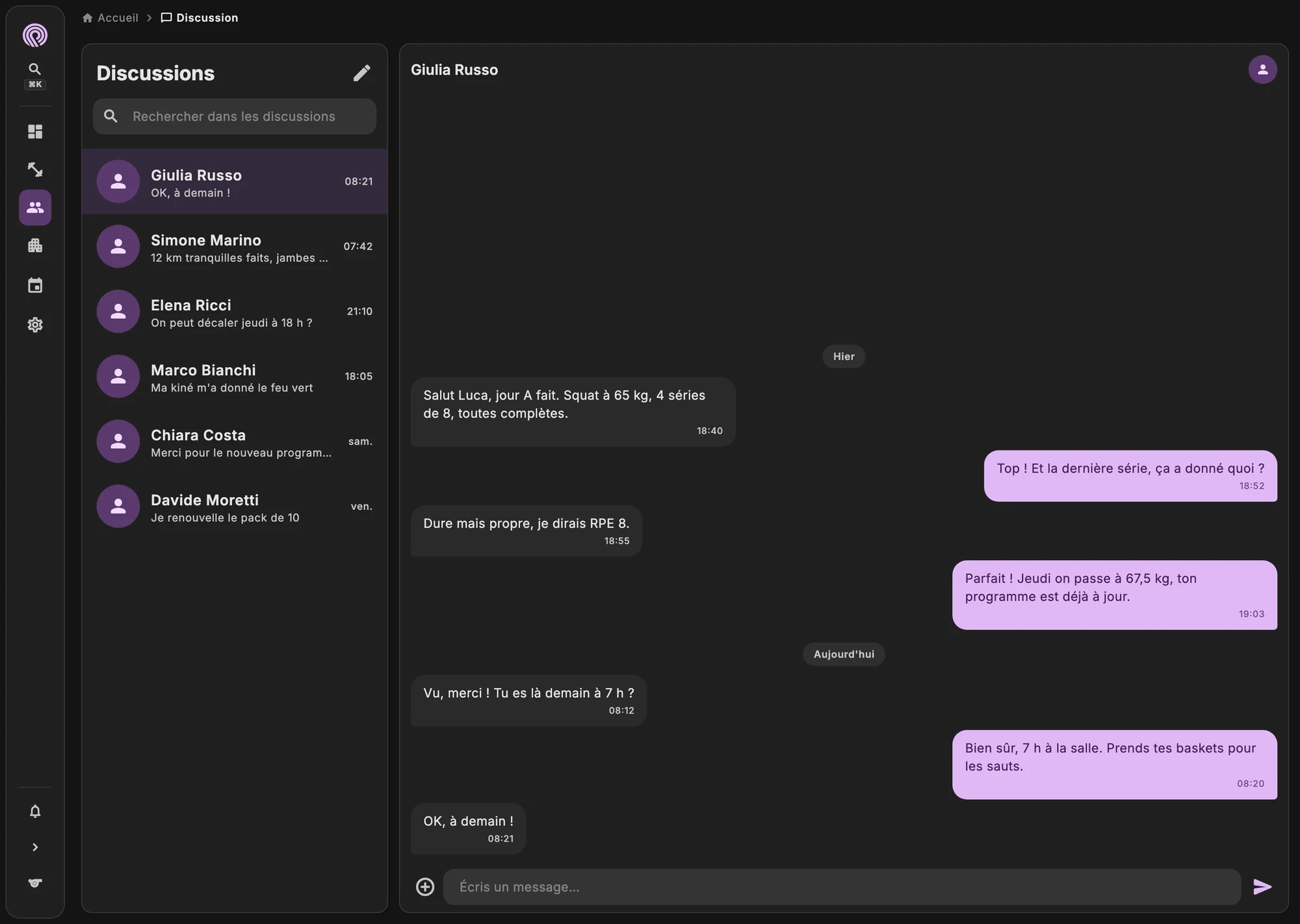 Chat avec un client, avec messages et photos