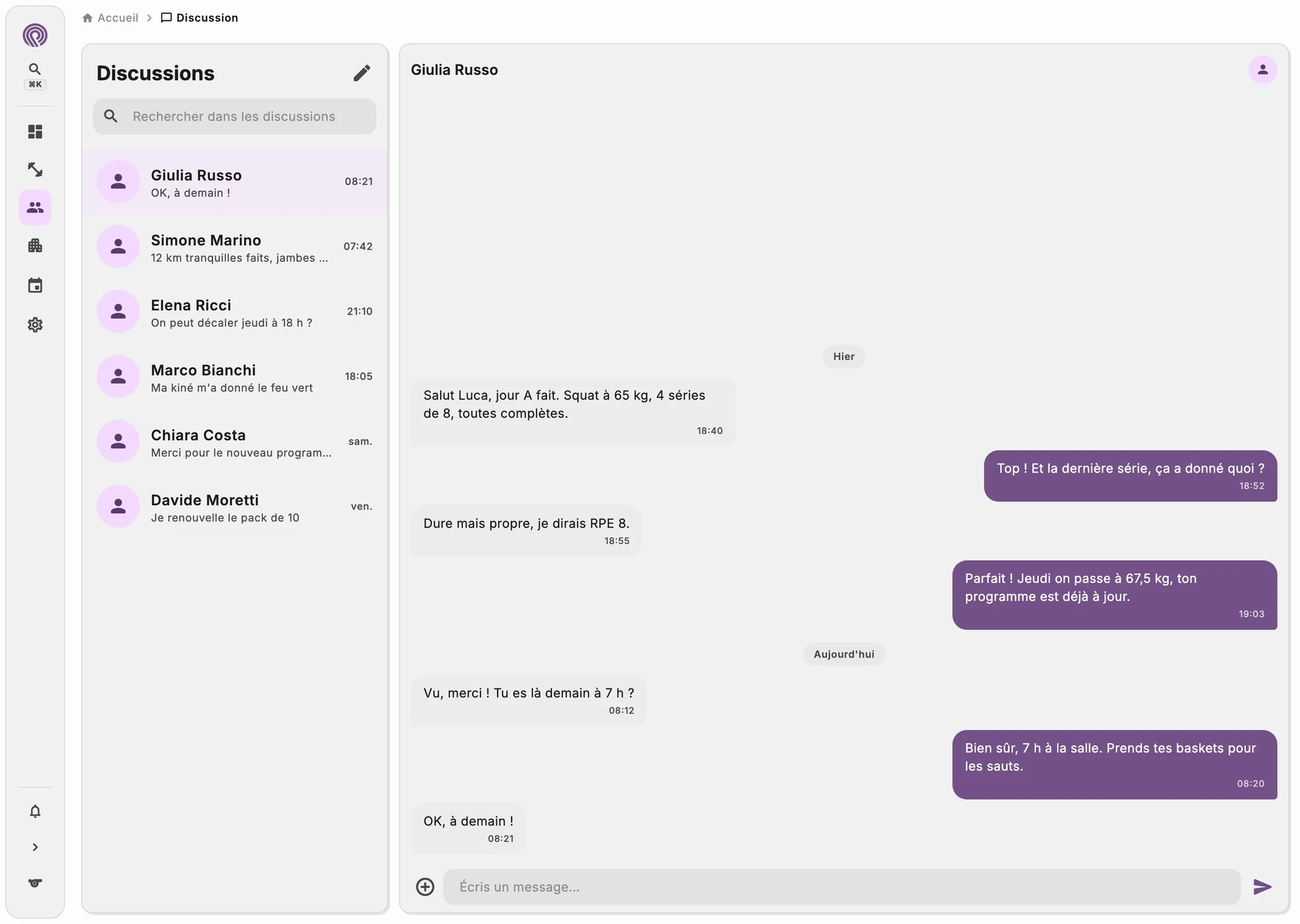 Chat avec un client, avec messages et photos