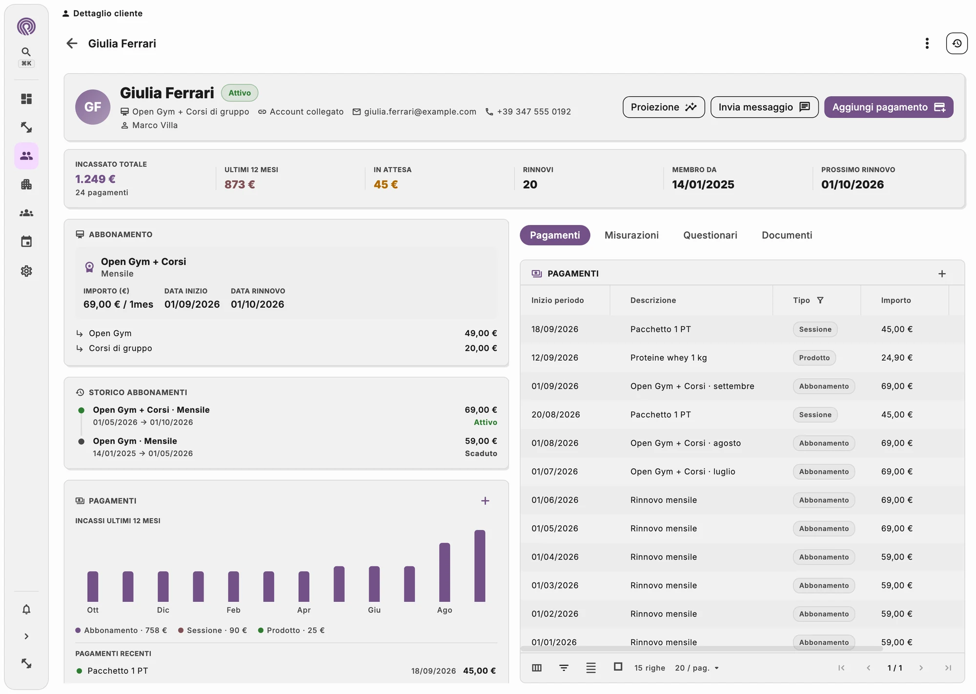 Scheda di un iscritto con abbonamento, ingressi e pagamenti