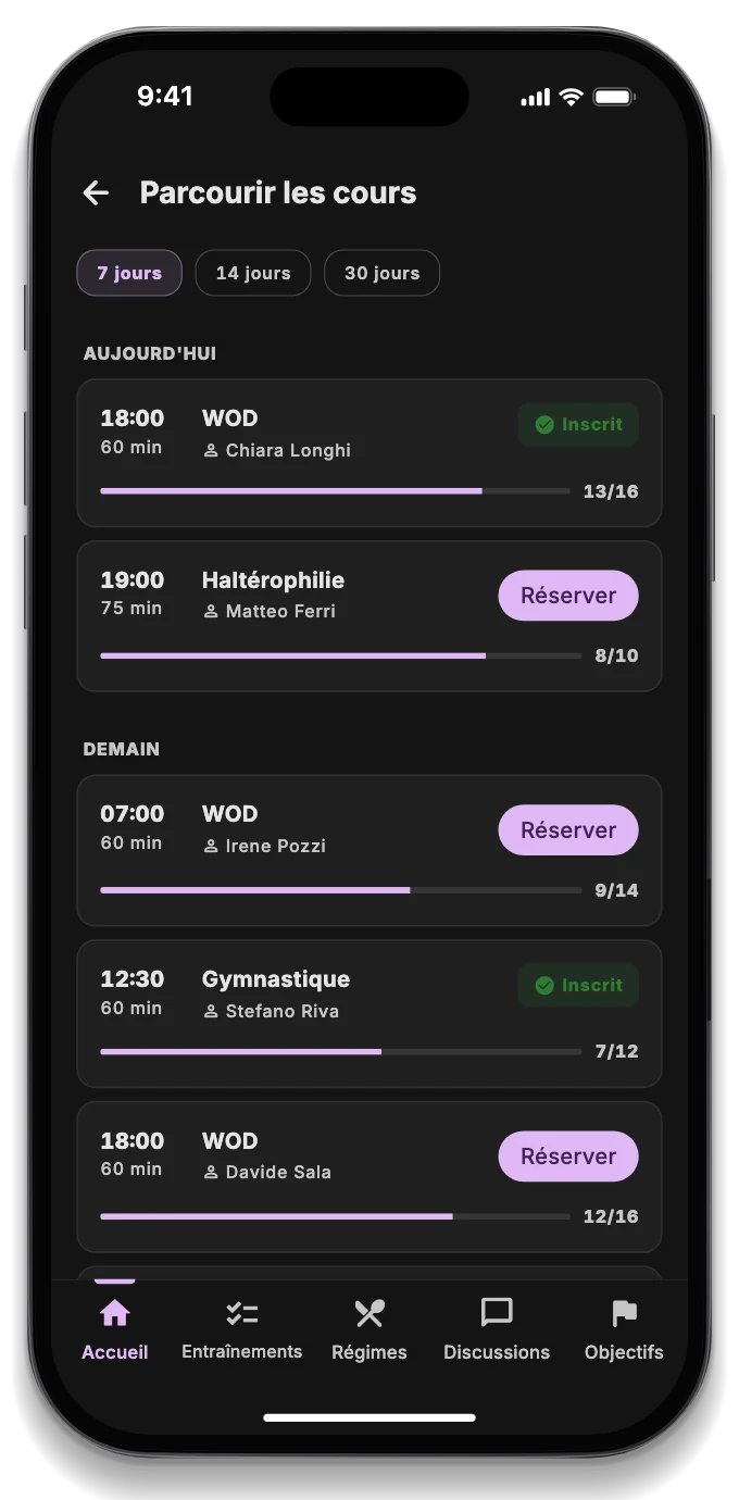 L'app de l'athlète avec le WOD du jour, le cours réservé et le classement