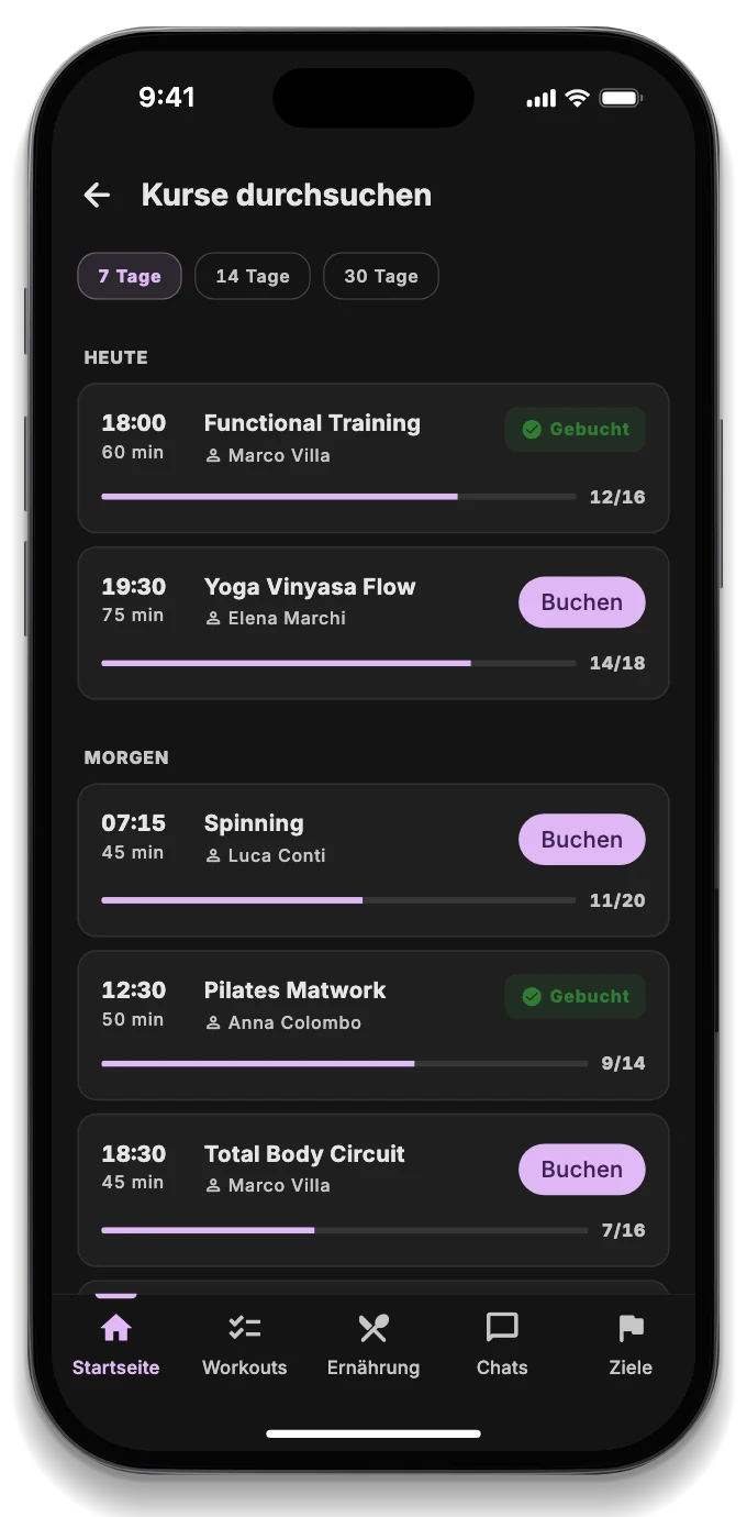 Die Mitglieder-App mit dem gebuchten Kurs, dem Training des Tages und der Auslastung des Studios