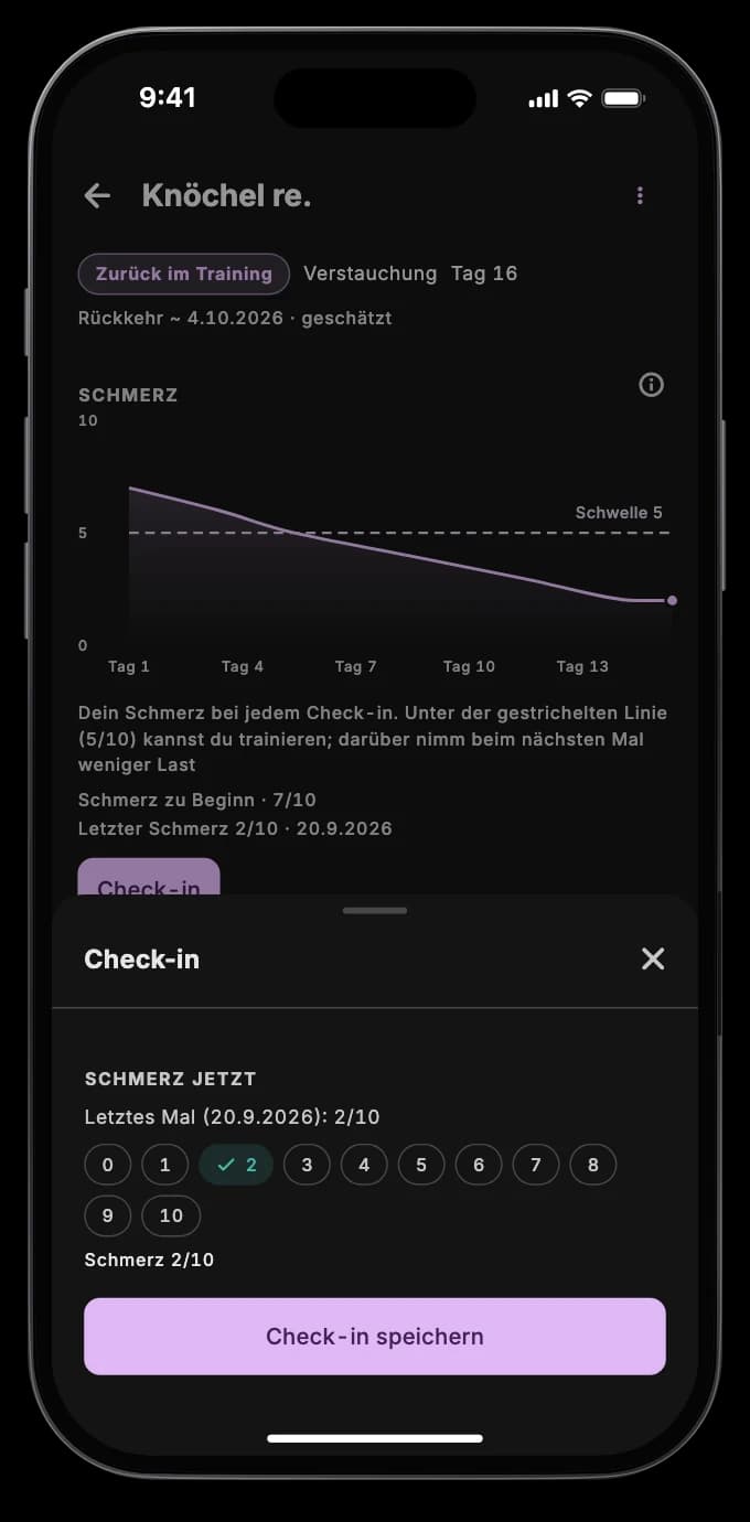 Die Patienten-App mit dem Check-in am Morgen und den Stufen der Genesung
