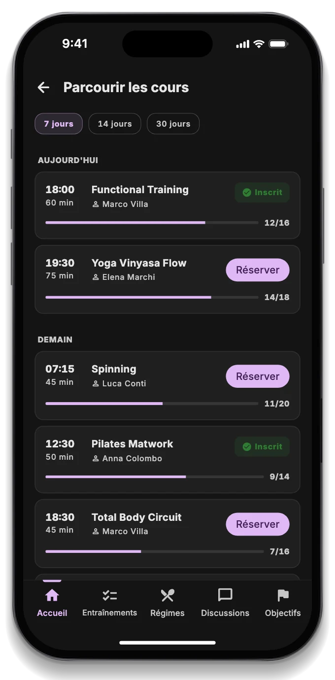L'app de l'adhérent avec le cours réservé, la séance du jour et l'affluence de la salle