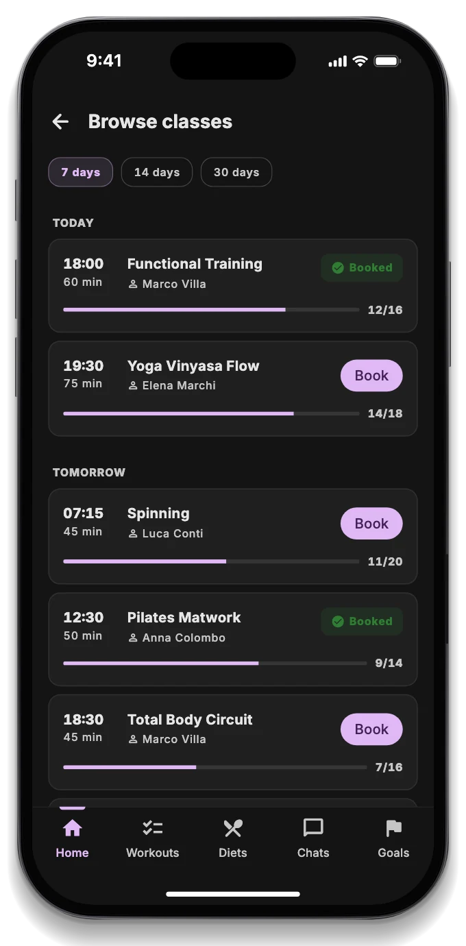 The member app with the booked class, today's workout and how busy the gym is