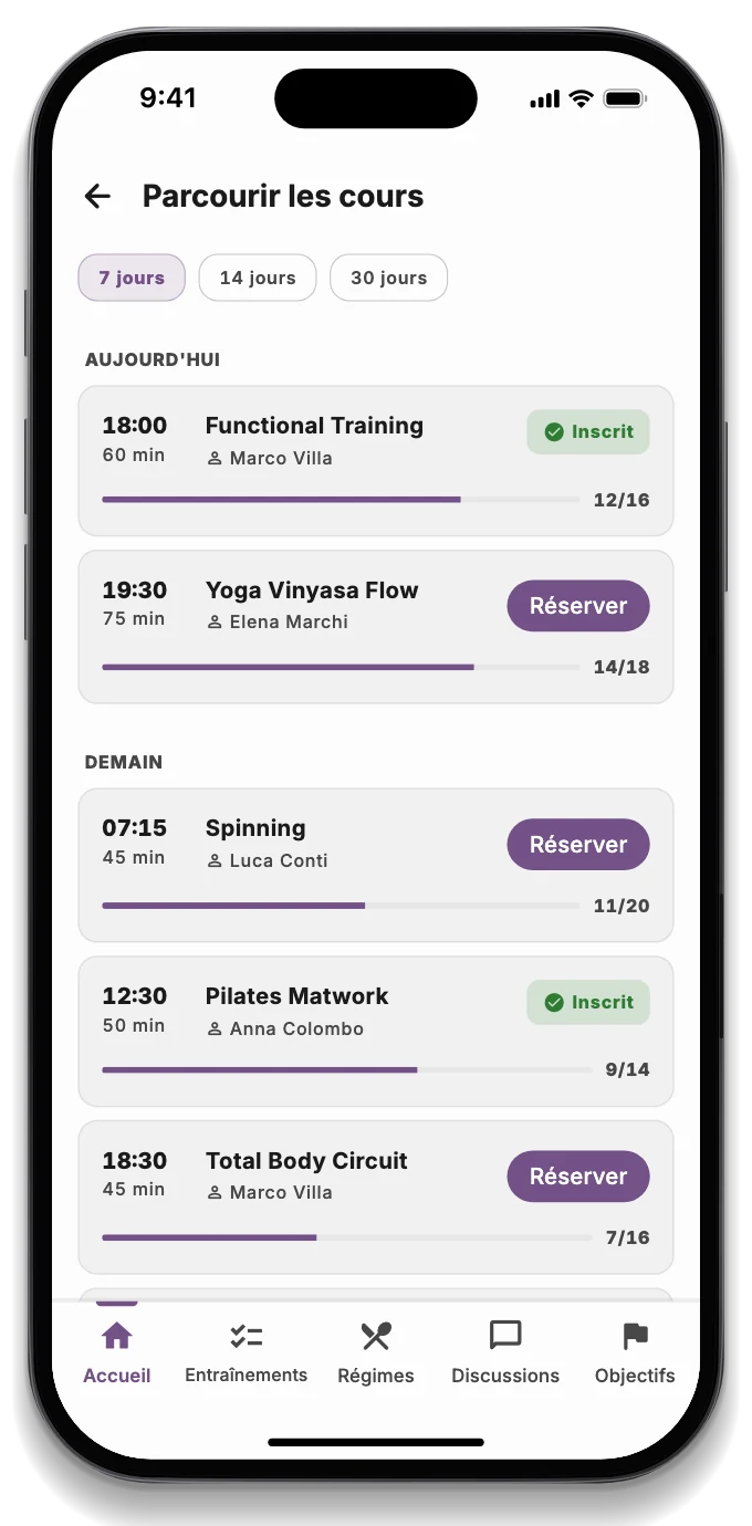 L'app de l'adhérent avec le cours réservé, la séance du jour et l'affluence de la salle
