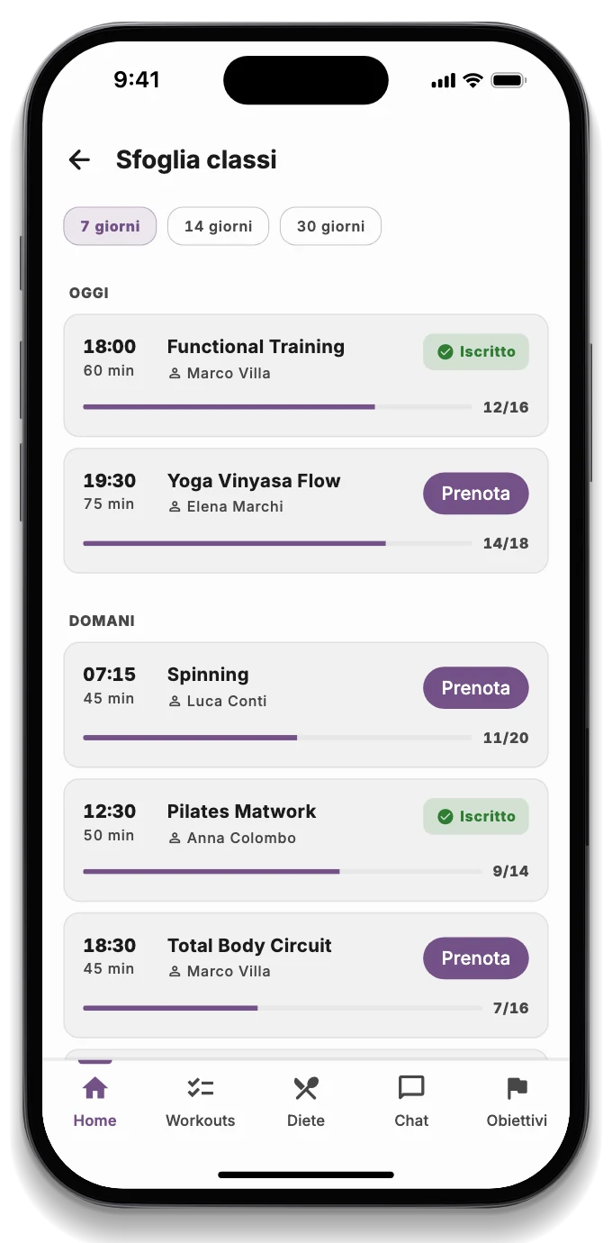 L'app dell'iscritto con il corso prenotato, la scheda del giorno e l'affollamento della sala