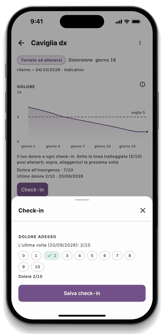 L'app del paziente con il check-in del mattino e le tappe del recupero