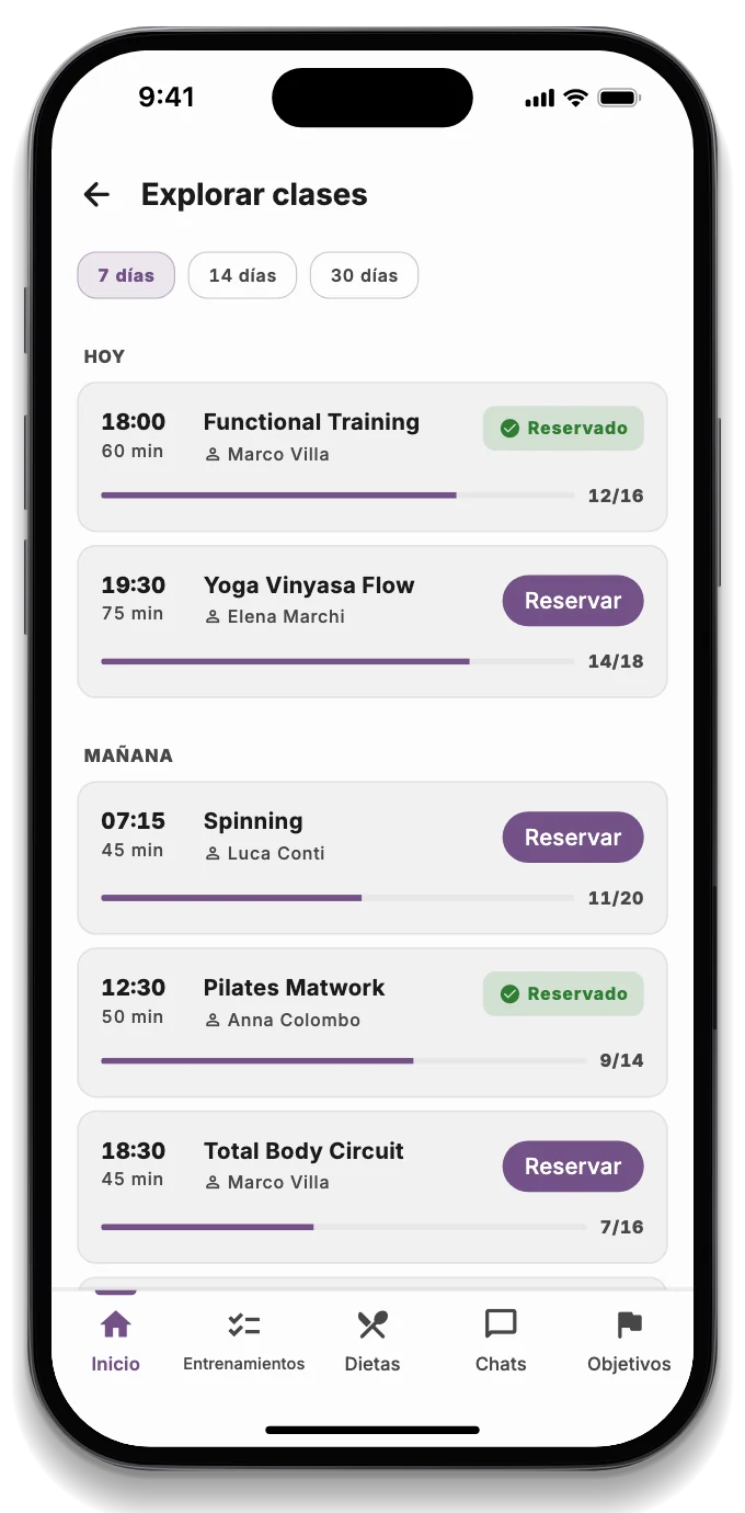 La app del socio con la clase reservada, el entrenamiento del día y la afluencia de la sala
