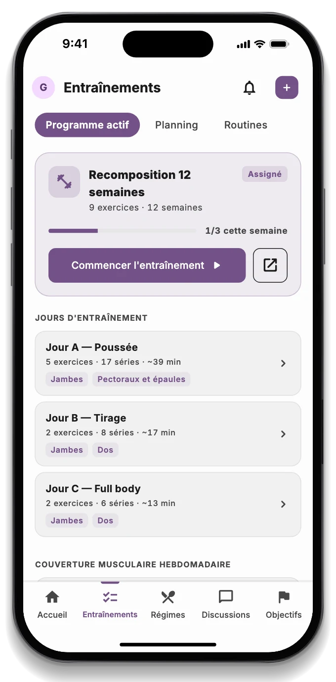 L'app du client avec la séance du jour, le rendez-vous réservé et un message du coach