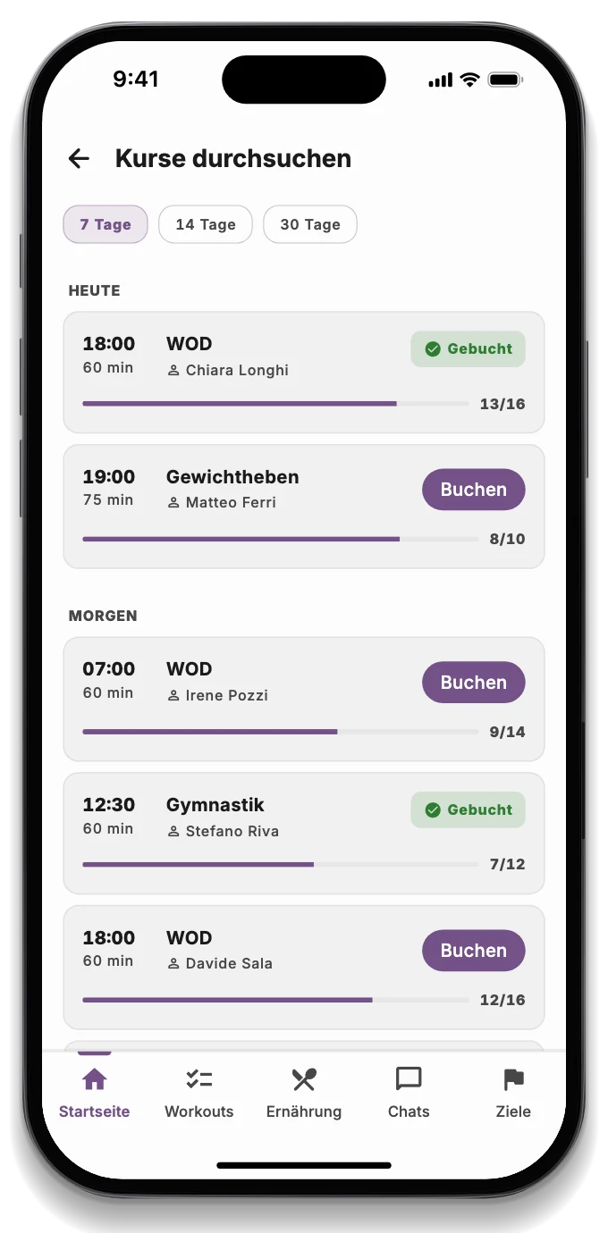 Die Athleten-App mit dem WOD des Tages, der gebuchten Klasse und der Rangliste
