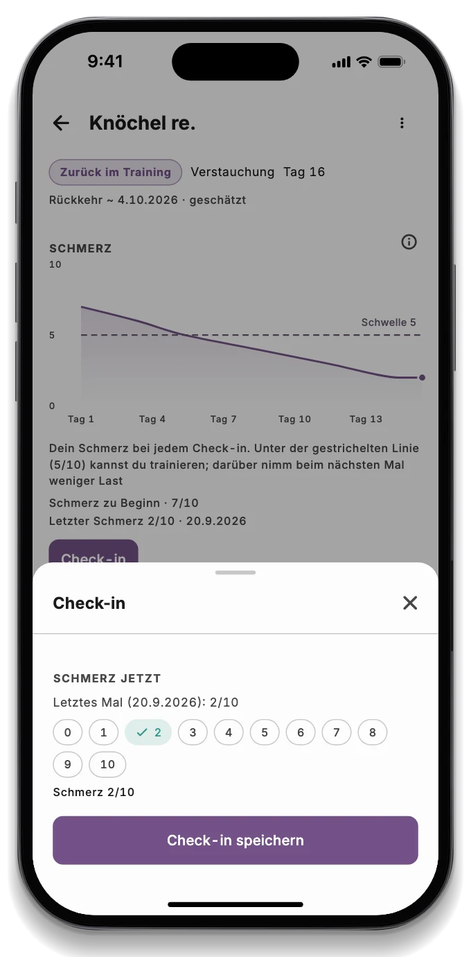Die Patienten-App mit dem Check-in am Morgen und den Stufen der Genesung