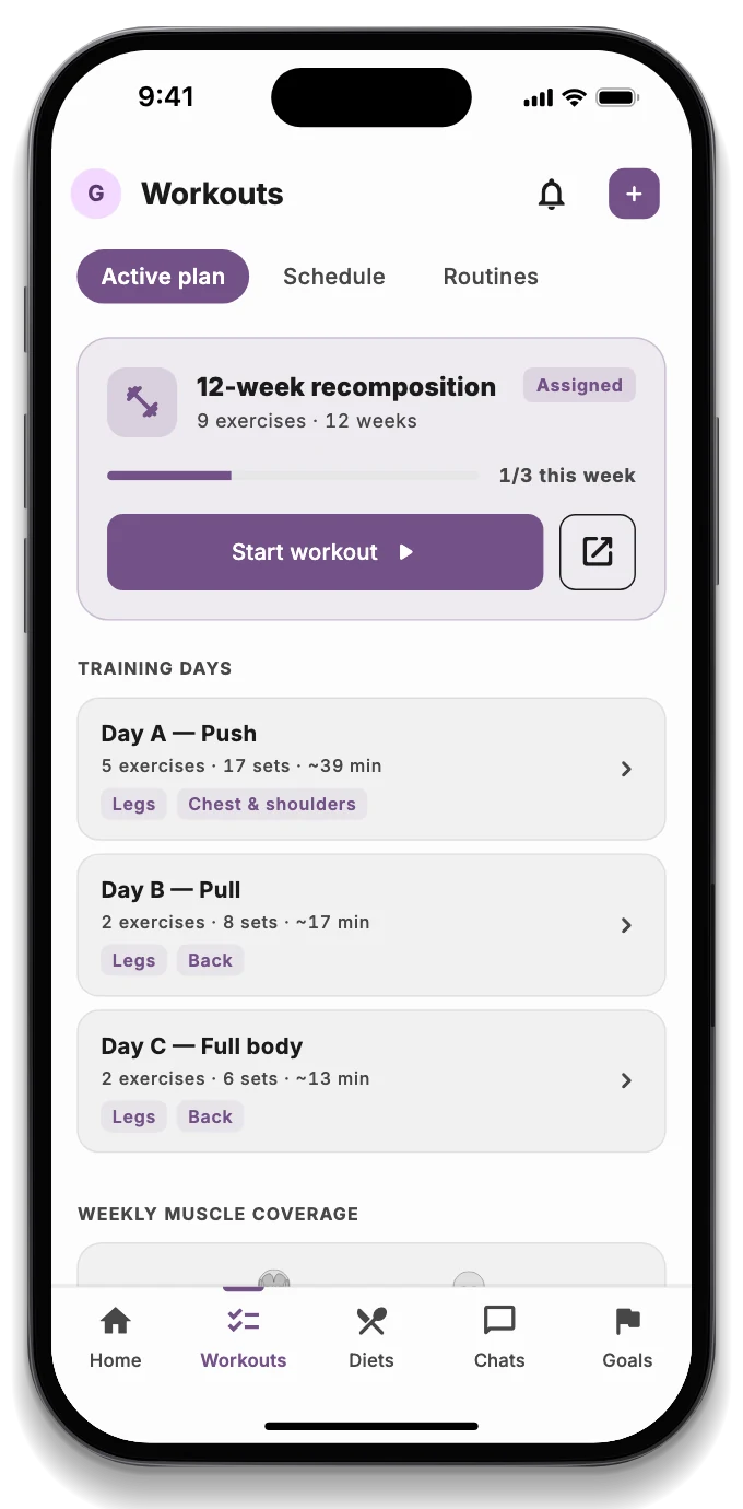 The client app with today's workout, the booked session and a message from the trainer