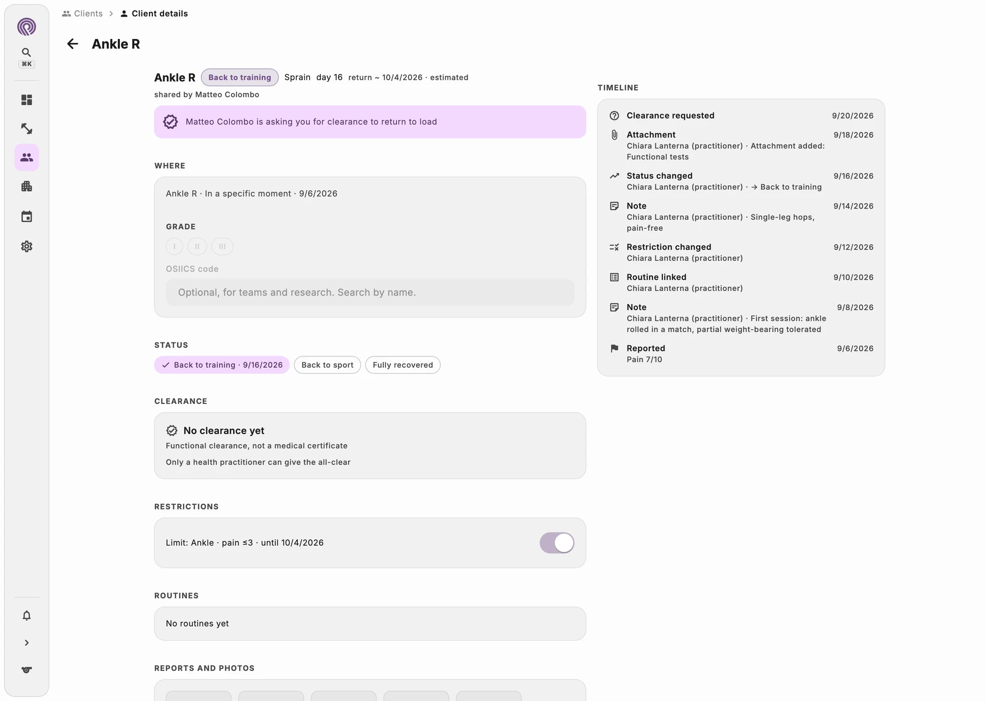 Injury record with body area, date and mechanism