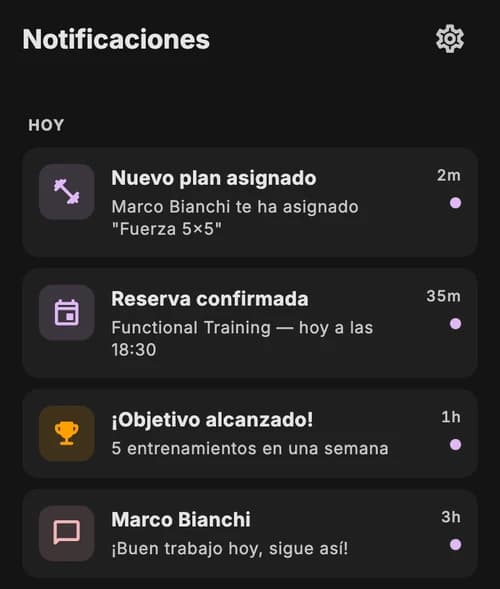 Notificaciones de JimTime: nuevo plan asignado, reserva confirmada y mensaje del profesional