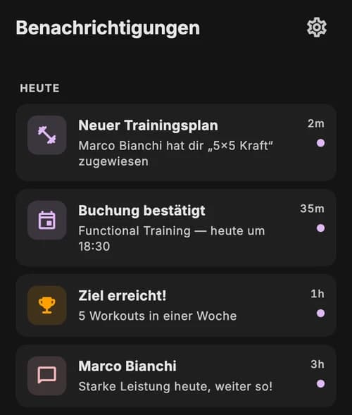 JimTime-Benachrichtigungen: neuer Plan zugewiesen, Buchung bestätigt und Nachricht vom Profi
