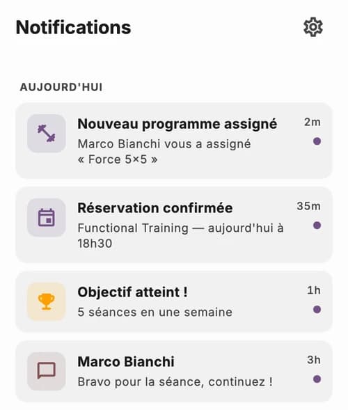 Notifications JimTime : nouveau programme attribué, réservation confirmée et message du professionnel