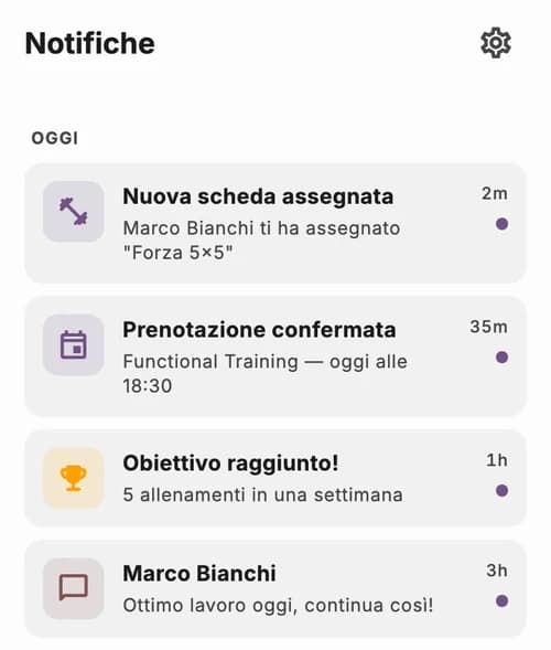 Notifiche JimTime: nuova scheda assegnata, prenotazione confermata e messaggio del professionista