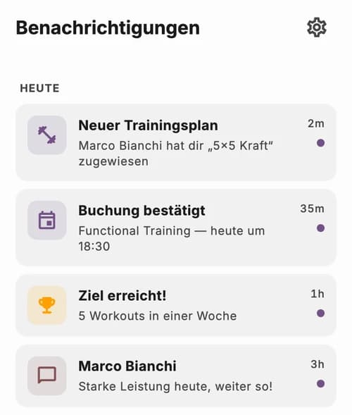 JimTime-Benachrichtigungen: neuer Plan zugewiesen, Buchung bestätigt und Nachricht vom Profi