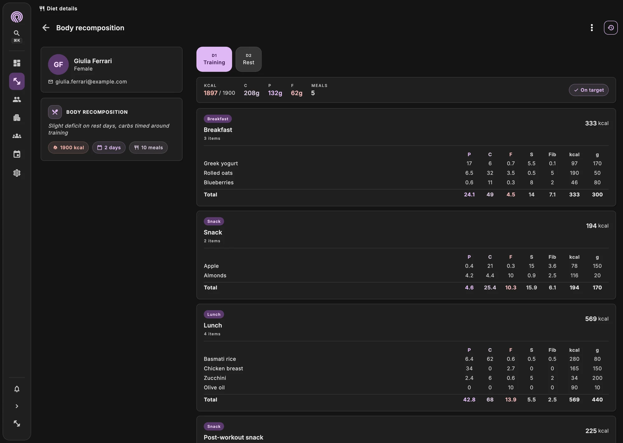 Nutrition plan and health assessment in the client's profile