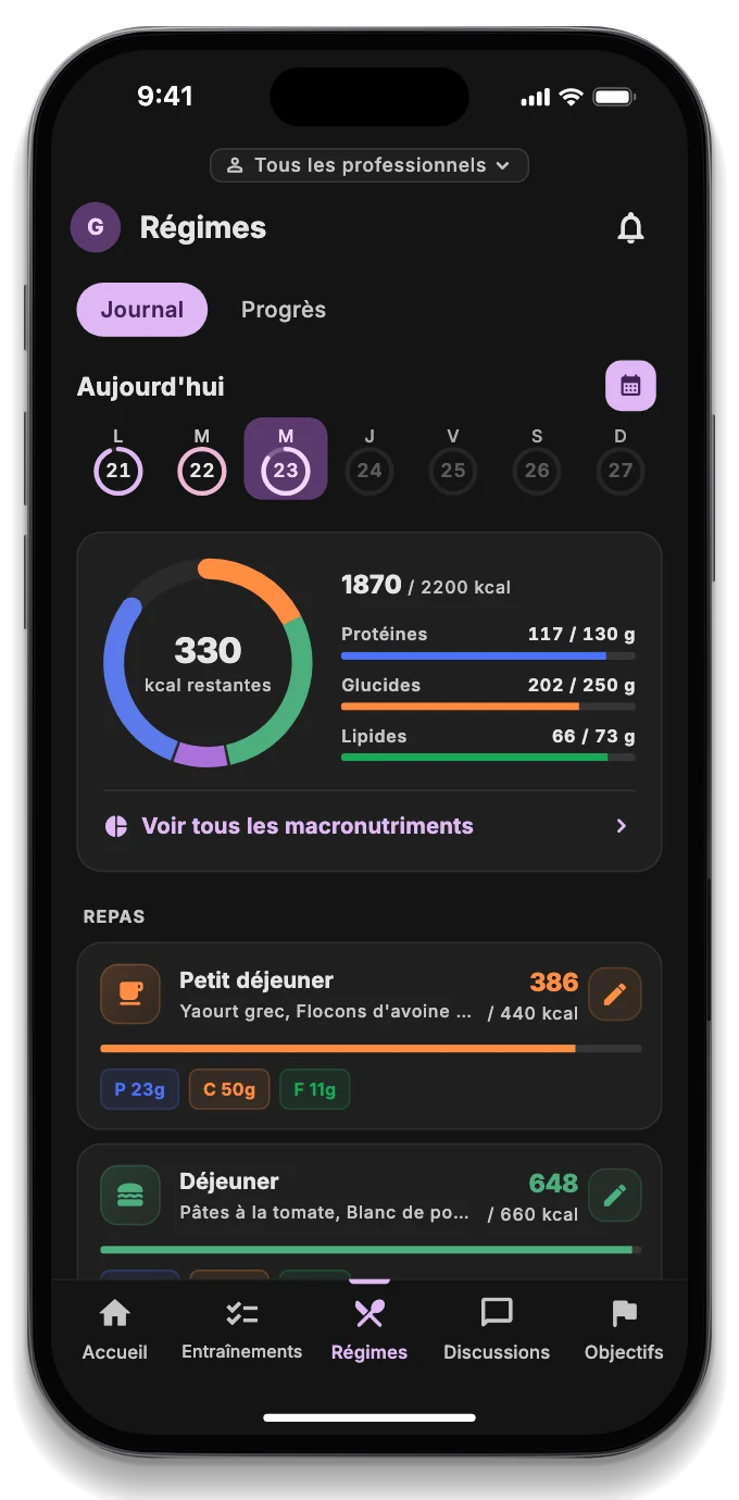 Le journal alimentaire du jour avec les calories restantes, les macronutriments et les repas enregistrés