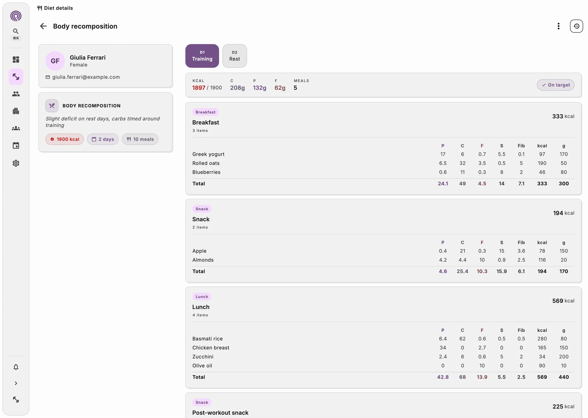 Nutrition plan and health assessment in the client's profile