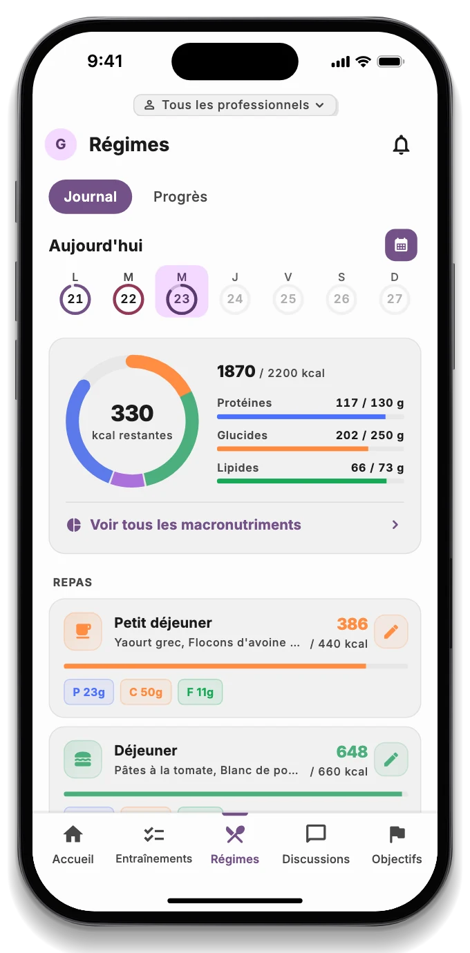 Le journal alimentaire du jour avec les calories restantes, les macronutriments et les repas enregistrés