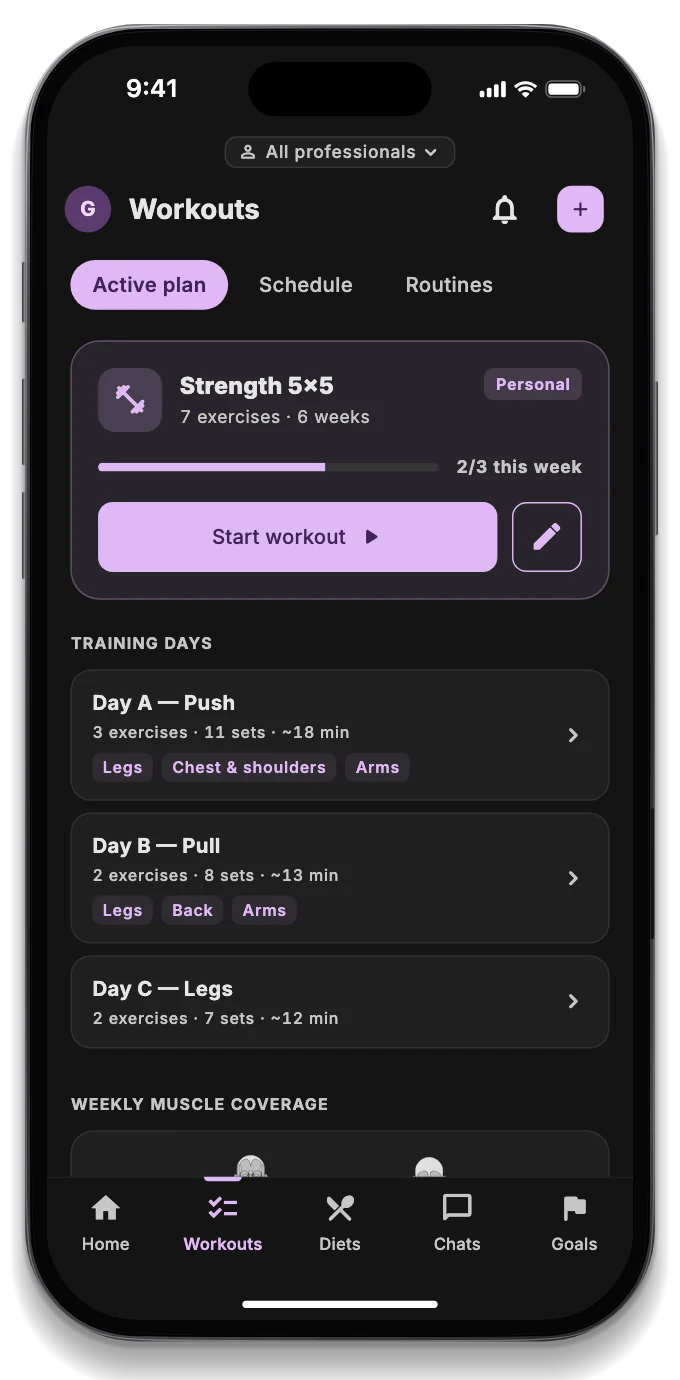 A workout with sets, loads, rest times and the muscle map