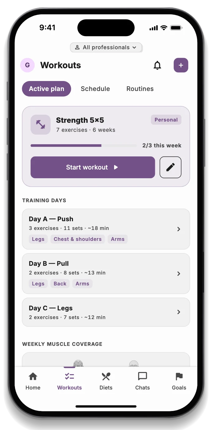 A workout with sets, loads, rest times and the muscle map