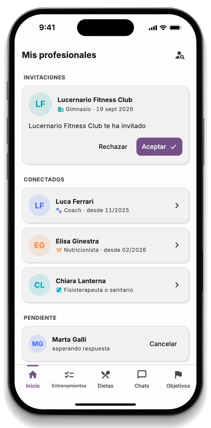 Lista de profesionales conectados: entrenador, nutricionista, fisioterapeuta y gimnasio
