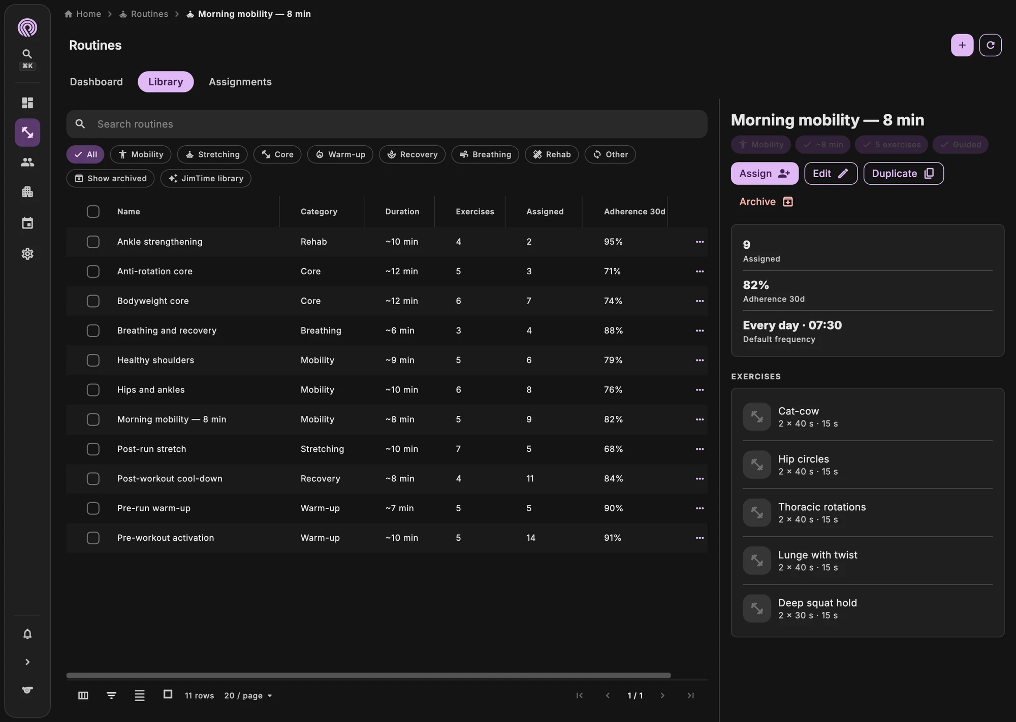 Routine library with the clients' completion log
