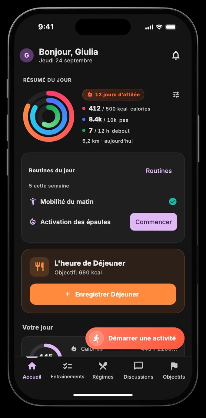 L'écran Aujourd'hui avec les anneaux de calories, de pas et d'heures debout, la routine et le poids