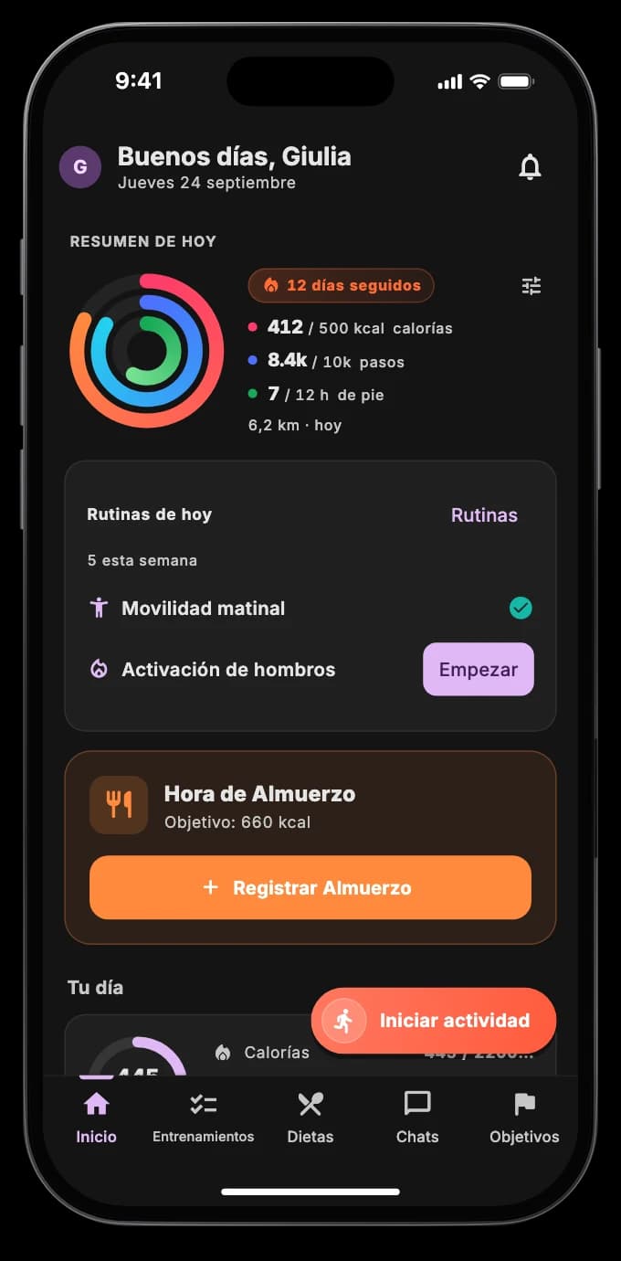 La pantalla Hoy con los anillos de calorías, pasos y horas de pie, la rutina y el peso