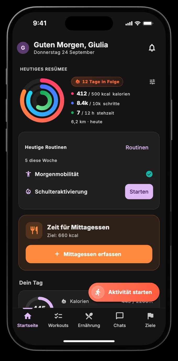 Der Heute-Bildschirm mit den Ringen für Kalorien, Schritte und Stehstunden, der Routine und dem Gewicht