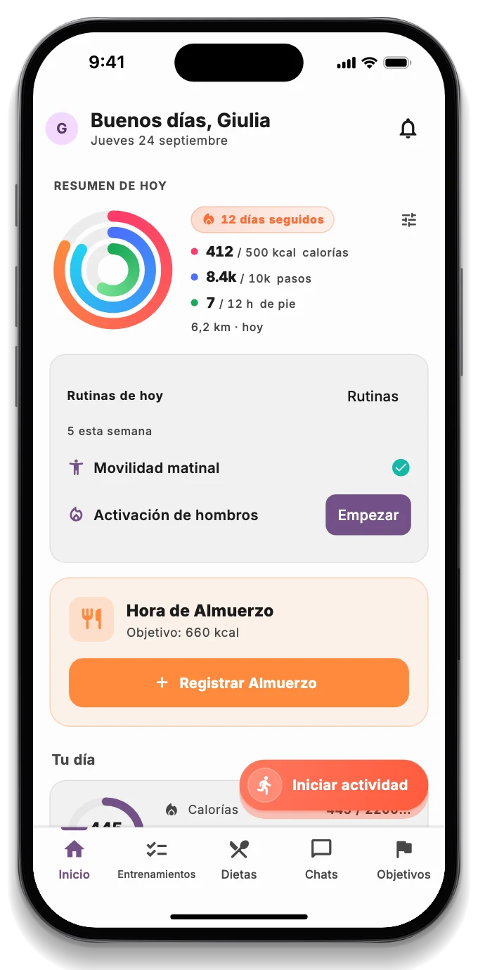 La pantalla Hoy con los anillos de calorías, pasos y horas de pie, la rutina y el peso