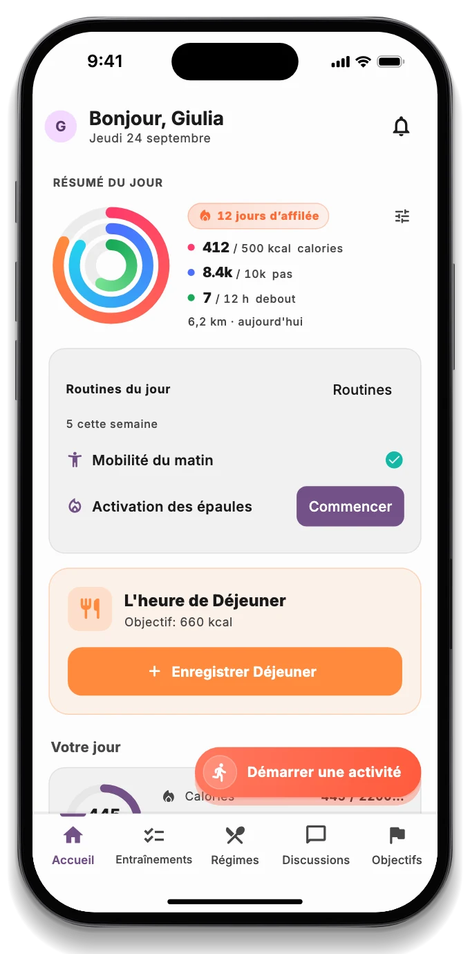 L'écran Aujourd'hui avec les anneaux de calories, de pas et d'heures debout, la routine et le poids