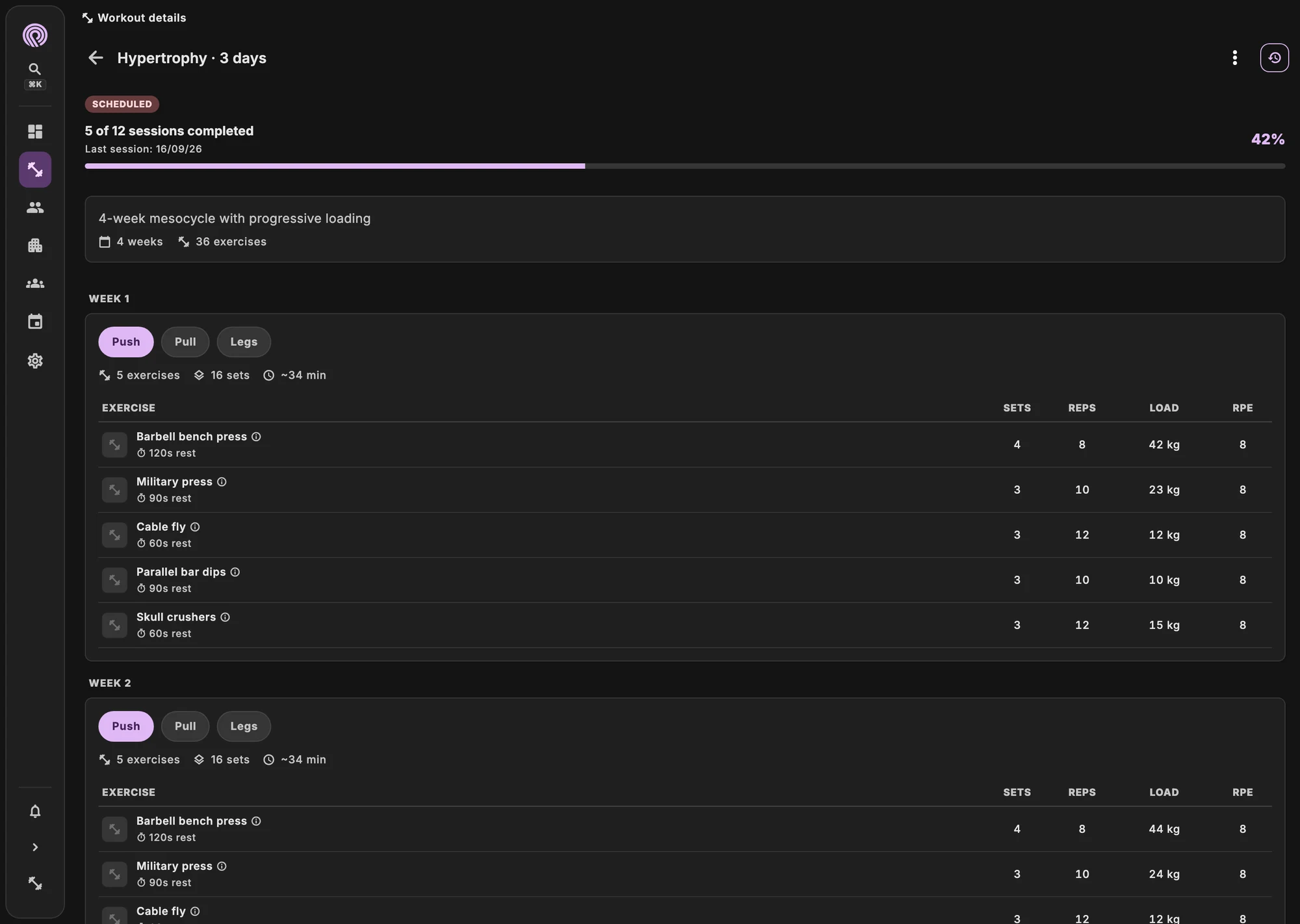 Workout plan editor with exercises, sets and loads