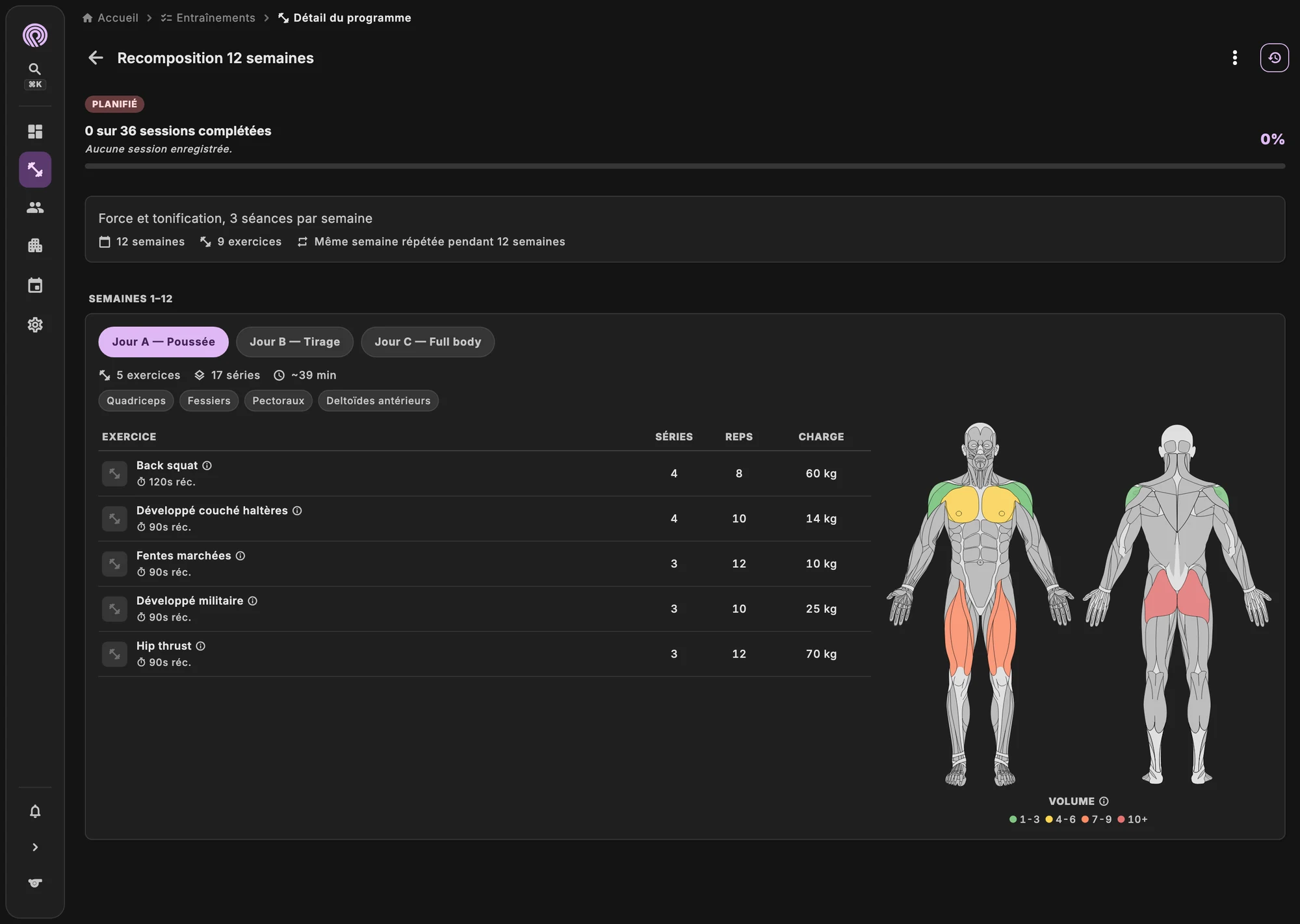Éditeur de programme avec exercices, séries, charges et temps de repos