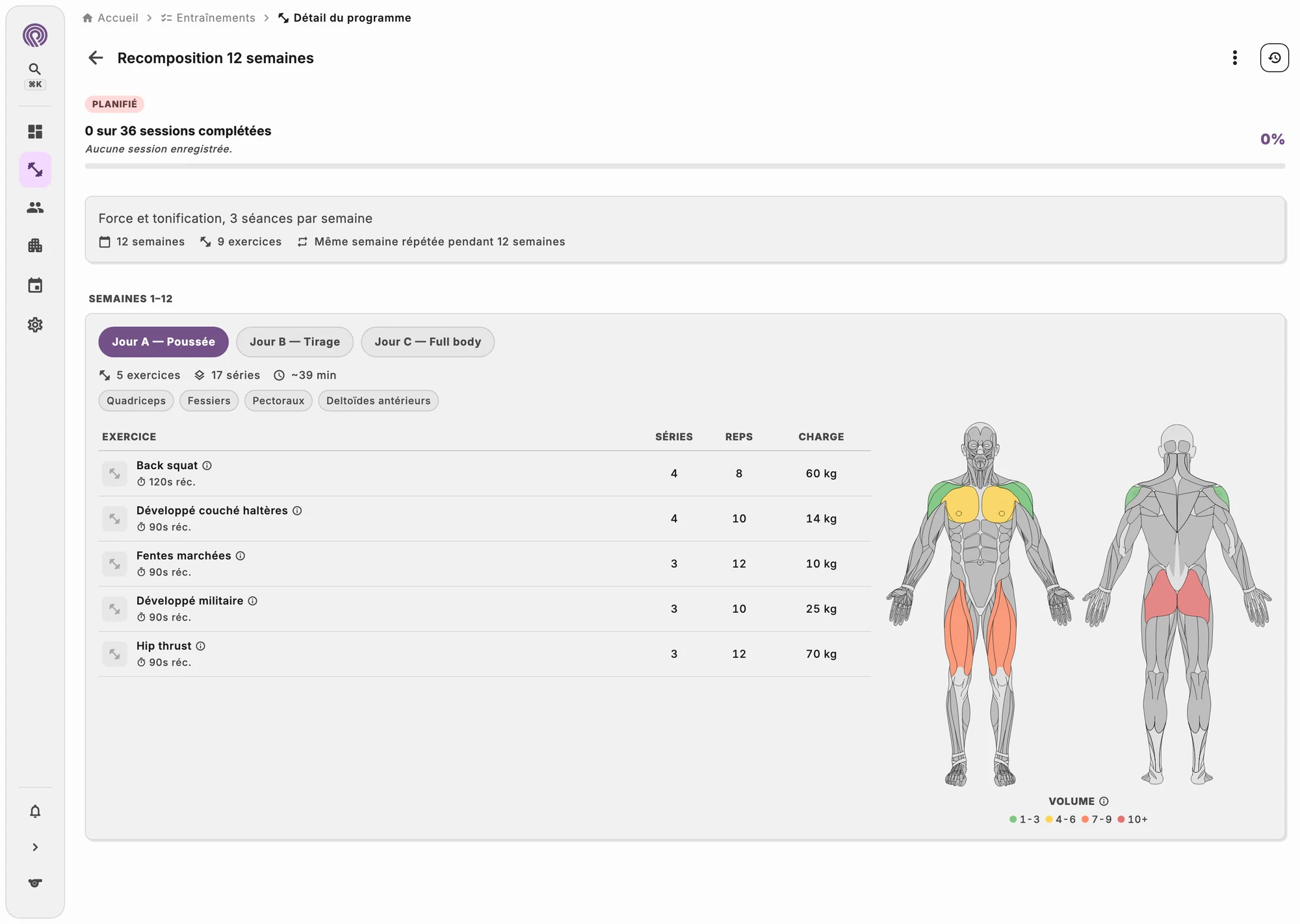 Éditeur de programme avec exercices, séries, charges et temps de repos
