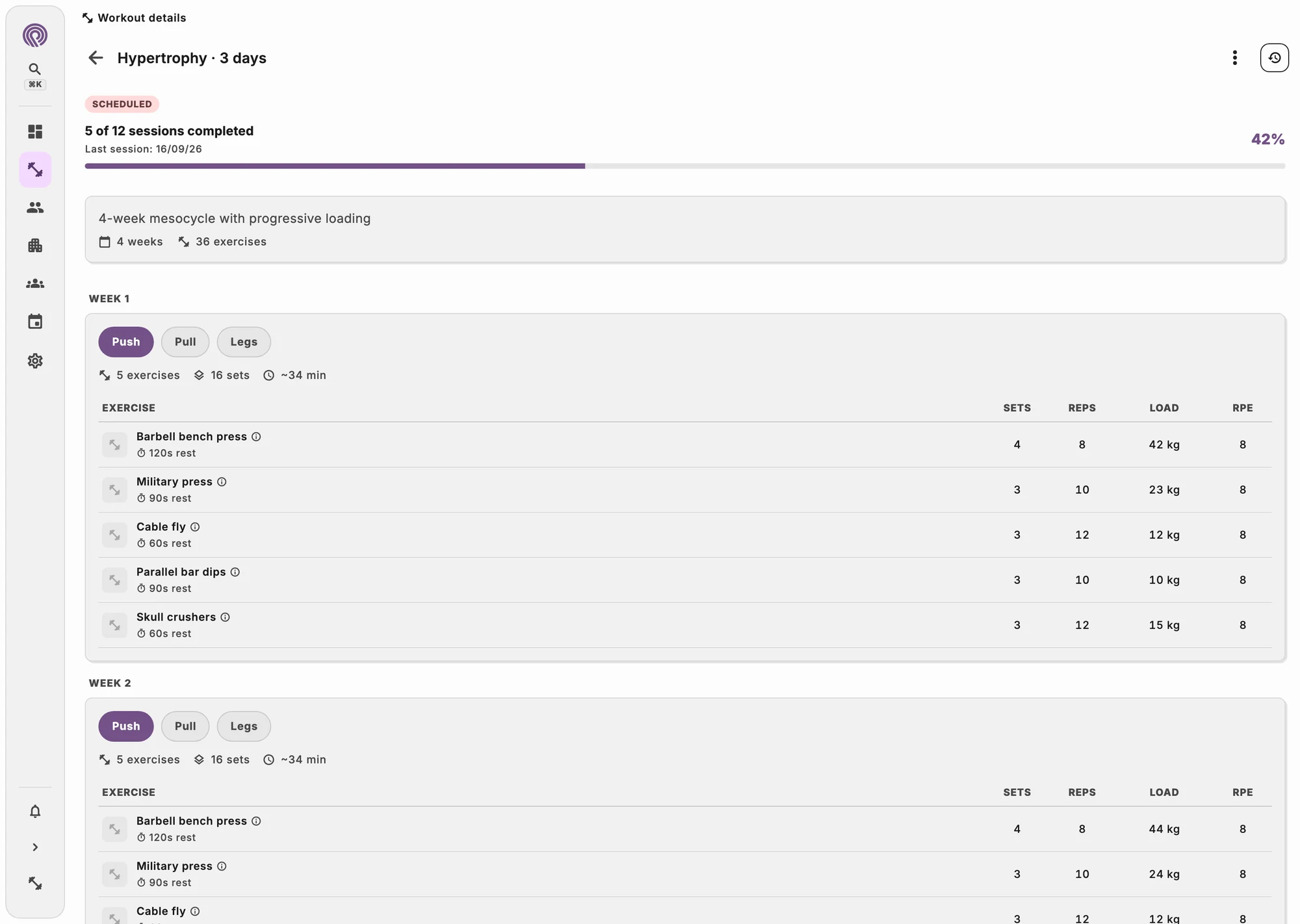 Workout plan editor with exercises, sets and loads