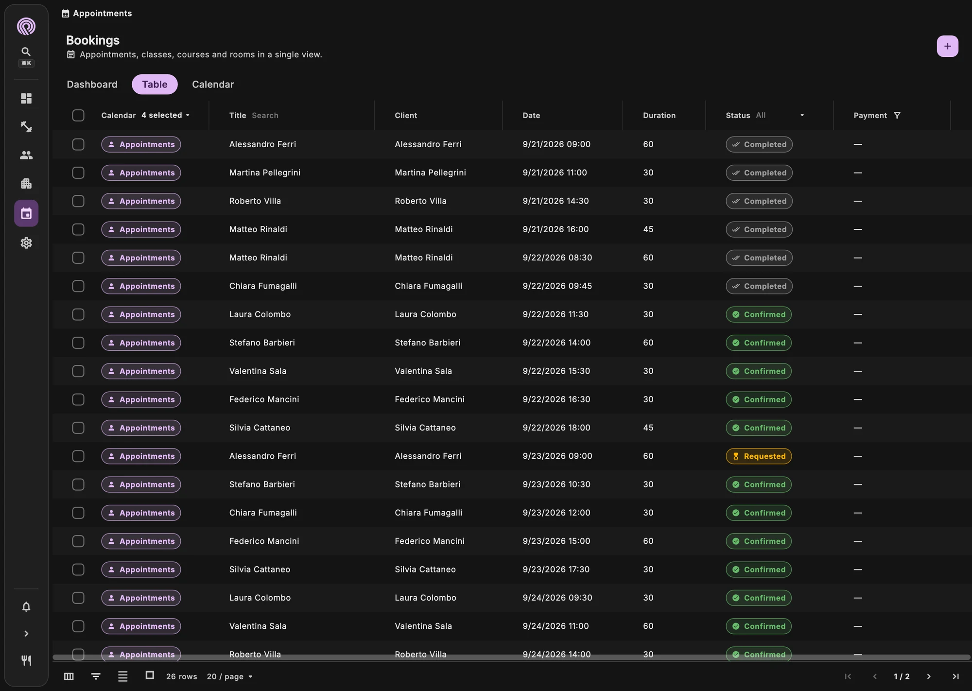 Weekly calendar with booked visits and remaining follow-ups