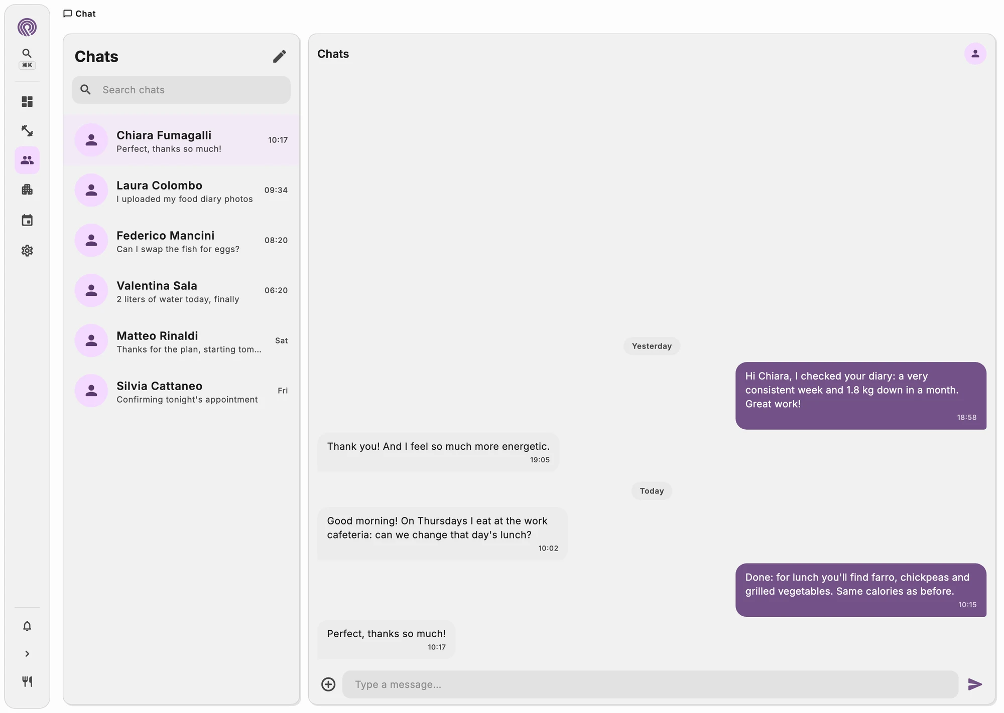 Chat with a patient including a meal photo