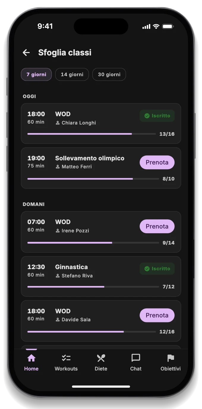 L'app dell'atleta con il WOD del giorno, la classe prenotata e la classifica