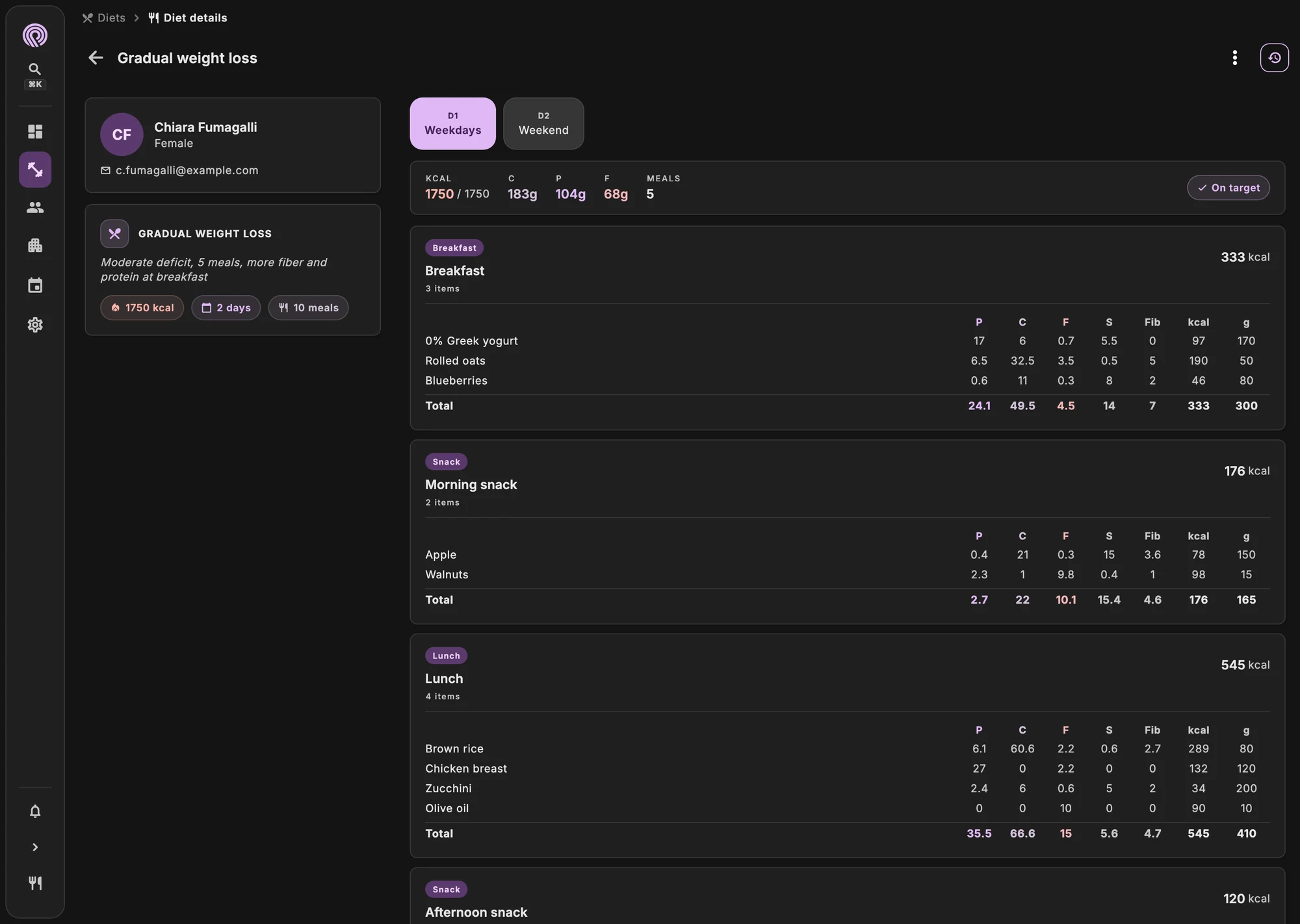 Meal plan editor with meals, alternatives, portions and macros